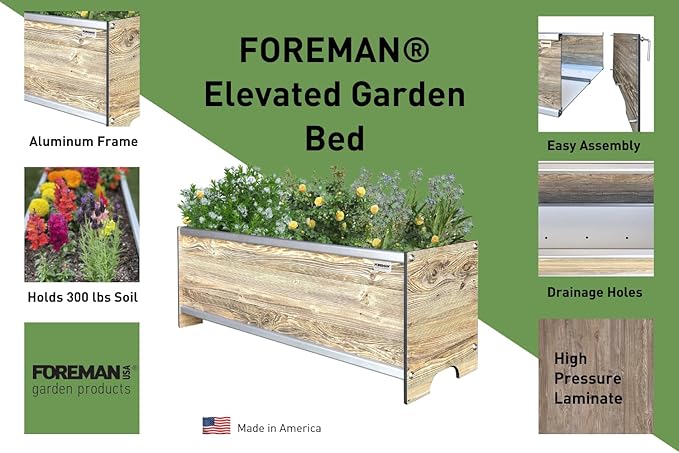 Foreman Raised Garden Bed (36x12x14) Weather Resistant Outdoor Planter Box with Drainage for Vegetable Bed Gardening and Flower Bed Gardening - Amaretto Wood Grain Pattern