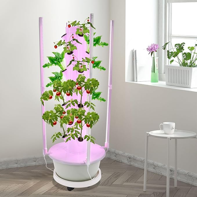 7-Layer 28-Site Hydroponic Growing System with LED Grow Light &amp Water Pump Indoor Herb Garden Kit for Home Kitchen Countertop Office Light Green Base (Light Green)