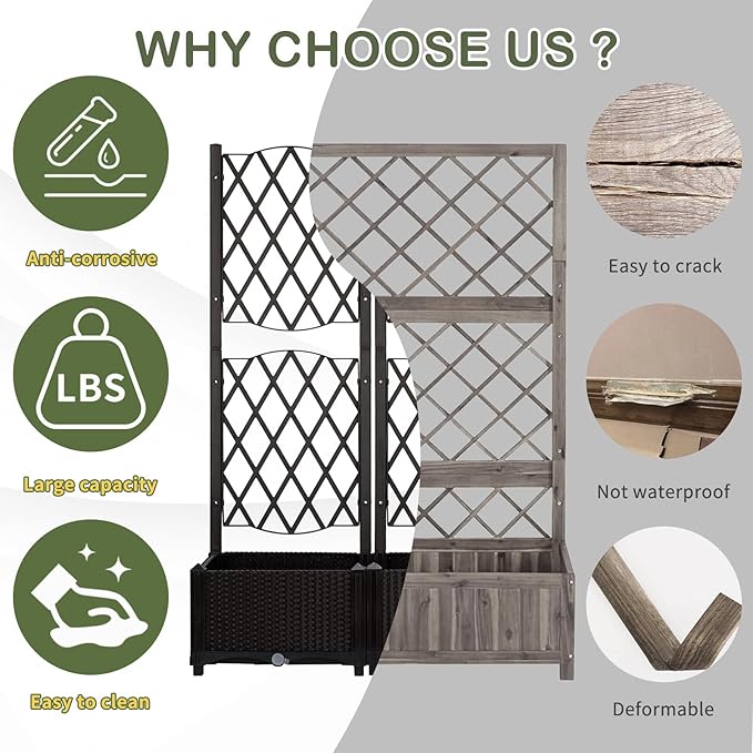 Planter Box with Trellis Plastic Raised Garden Beds and Lattice Trellis with Drain Plug for Outdoor Patio Backyard Balcony