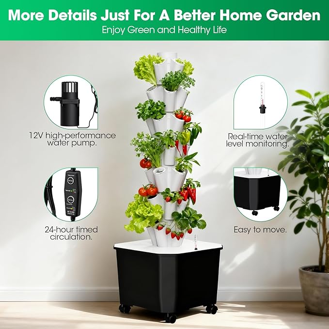 Vertical Hydroponic Tower Garden35 Pods 7-Layer Indoor Outdoor Growing System with Smart Timer3 Seed Starter Tray.Water Pump-BPA-Free Modular for Hydroponic Gardening Lovers Planting Vegetables