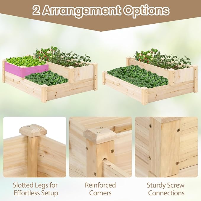 HAPPYGRILL 3-Tier Raised Garden Bed Wood Elevated Planter Box w/Open-Ended Base 3 Planting Depths&amp 2 Arrangement Options for Yard Lawn Outdoor Planter Raised Beds for Vegetables Herbs Fruits