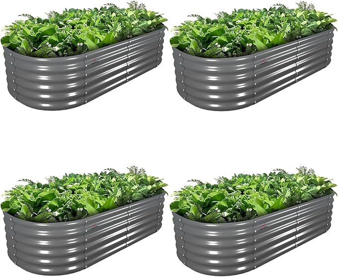 A ANLEOLIFE 4 Pcs 6X2X1.5 ft Oval Round Galvanized Raised Garden Beds Outdoor for Planting Vegetables Flowers Herb Quartz Grey