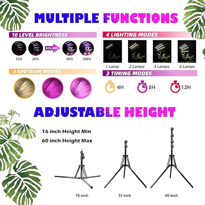 DOOK Grow Light with Stand Full Spectrum Plant Grow Lights for Indoor Plants 3 Switch Modes 10 Dimmable Levels Adjustable Tripod Stand &amp Gooseneck Auto On/Off Timer
