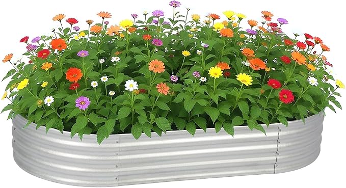 PayLessHere 6x3x1FT Galvanized Garden Bed Outdoor Elevated Raised Garden Bed Vegetables Flowers Garden Bed Galvanized Steel Garden Planter Box Oval Raised Bed Kit Silver