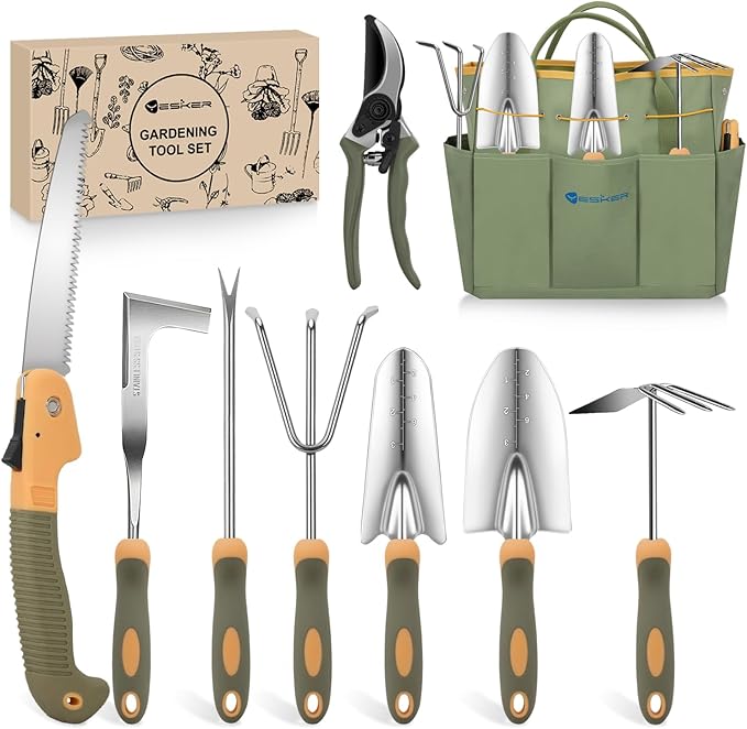 Yesker Gardening Tools 9-Piece Heavy Duty Garden Tool Set Gardening Supplies Gifts for Women Men Gardening Hand Tool Kit w Non-Slip Ergonomic Rubber Handle Durable Garden Bag Pruning Shears Green