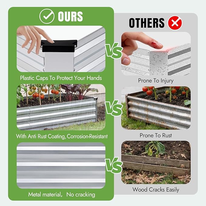 INNO STAGE Galvanized Raised Garden Bed Kits 8x2x1ft Metal Raised Garden Beds Outdoor Large Steel Raised Planter Bed with Gloves for Vegetables &amp Flowers Patio Ground Planter Box(Silver 2PCS)