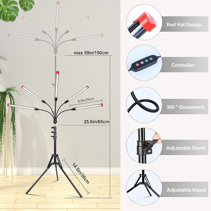 FECiDA Gamechanger! 45 Watt Power Draw NO Need Adapter 5Head Grow Light with Tripod Stand 2026 Big Coverage LED Grow Lights for Indoor Tall Plants Bonsai Tree 4/8/12/16/20H Timer