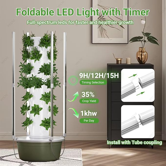 Indoor Hydroponic GardenTower with LED Grow Lights Self-Watering Hydroponics System with Pump Timer Controller Planting Kit for Growing Herbs &amp Vegetables 7Layer
