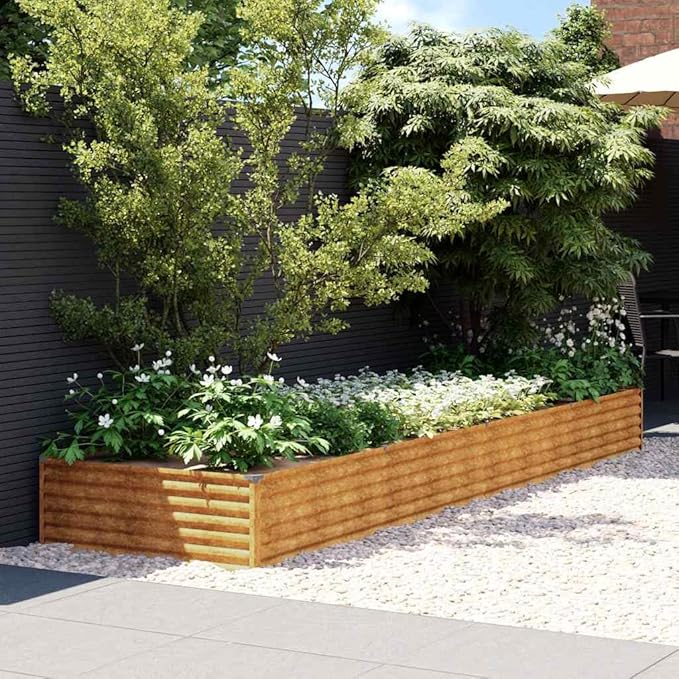 Corten Steel Garden Raised Bed 152x152x14 in Large Rustic Planter Box Durable Outdoor Flower &amp Herb Bed with Decorative Inlays for Patio Balcony Garden