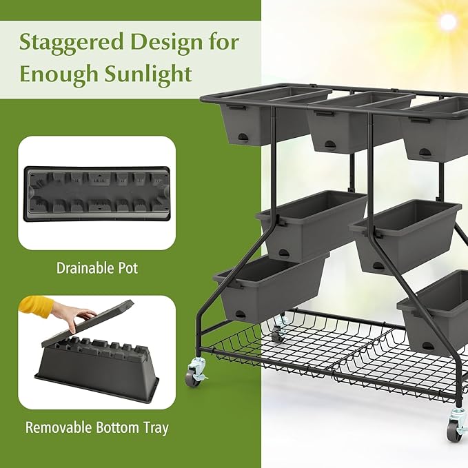 Happygrill 3-Tier Vertical Raised Garden Bed Outdoor Garden Planter w/7 Planter Boxes Drainage Holes 4 Universal Casters Movable Elevated Planter Box w/Storage Shelf Perfect for Flowers Herbs