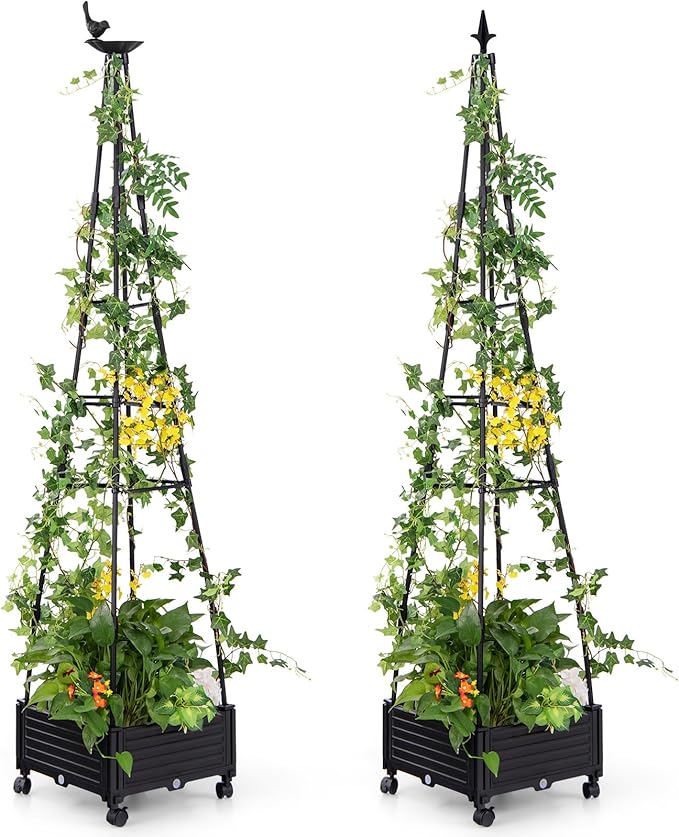 HAPPYGRILL Raised Garden Bed 81” Tomato Cage w/Self-Drainage System Adjustable Size &amp Wheels for Climbing Vine Fruits Flowers Tomato Planter Box for Indoor Outdoor Yard Lawn Patio Greenhouse (2