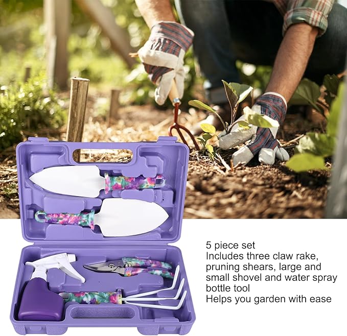 5 Pieces Garden Tool Set with Carrying Case Gardening Planting Tools with Cultivator Rake Shovels Branch Scissors Spray Can Purple
