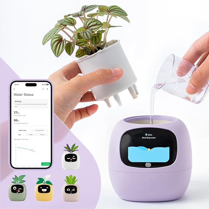 Smart Planter with App Control Self-Watering AI Plant Pot with LCD Display Interactive Desk Plant Companion for 100+ Plants Smart Indoor Planter with Pomodoro Timer80ml ReservoirCalendar-Purple