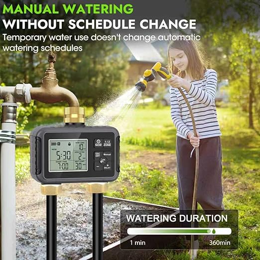120FT Drip Irrigation System with Smart Water Timer – Automatic Garden Watering Kit with Dual Metal Tube Brass Connectors 360° Adjustable Nozzles &amp Bendable Tubing for Garden Greenhouse &amp La