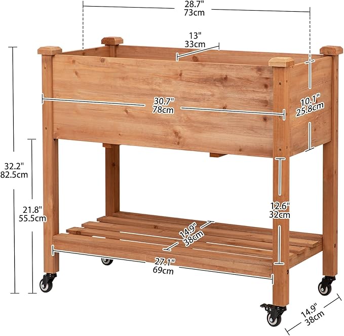 Raised Garden Bed with Lockable Wheels 32x16x32 inch Elevated Wood Planter with Storage Shelf Protective Liner for Vegetable Flower Herb Outdoor Balcony Patio Backyard Brown