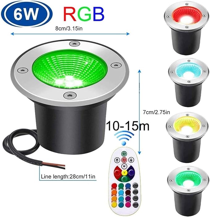 8PCS RGB Buried Yard Lamp - Recessed Led Outdoor Spotlights IP67 Waterproof Color Changing COB Ground Spotlight with Remote Controls 12V/24V LED Garden Landscape Lights(6W -12v)