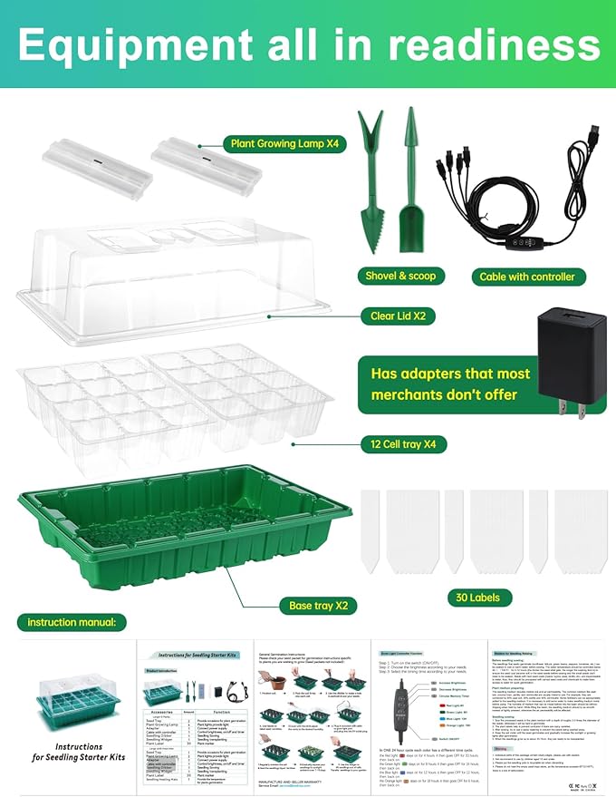 Large Seed Starter Trays with Heat Mat Seed Starter Kit with 48 Full Spectrum LEDs 24 Large Cells Seed Germination Kit with Adjustable Humidity Vents for Indoor Plants Seeds Starting