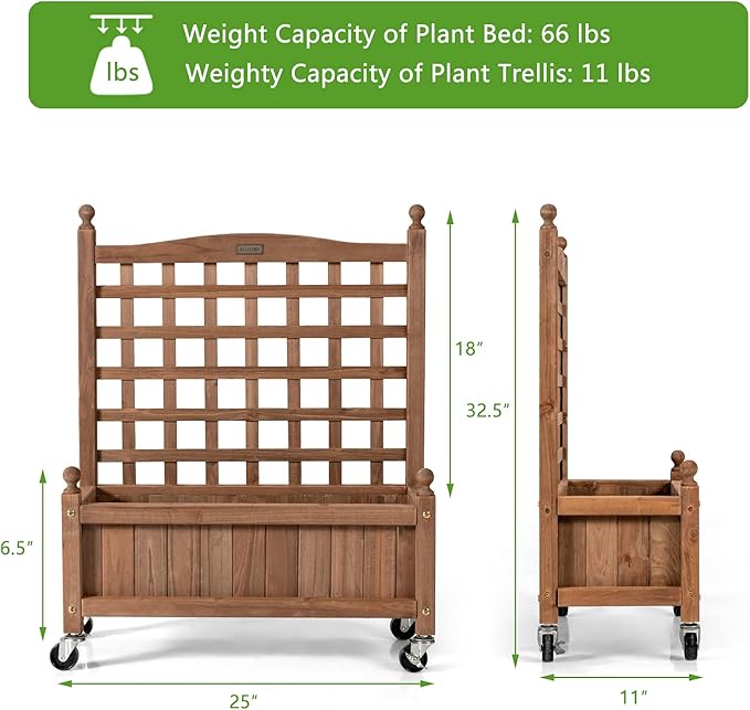 Giantex Mobile Plant Raised Bed Wood Planter with Lattice Trellis and Wheels Flower Box for Plant Climbing Vertical Garden for Balcony Patio Yard (1 25x 11x 32.5)