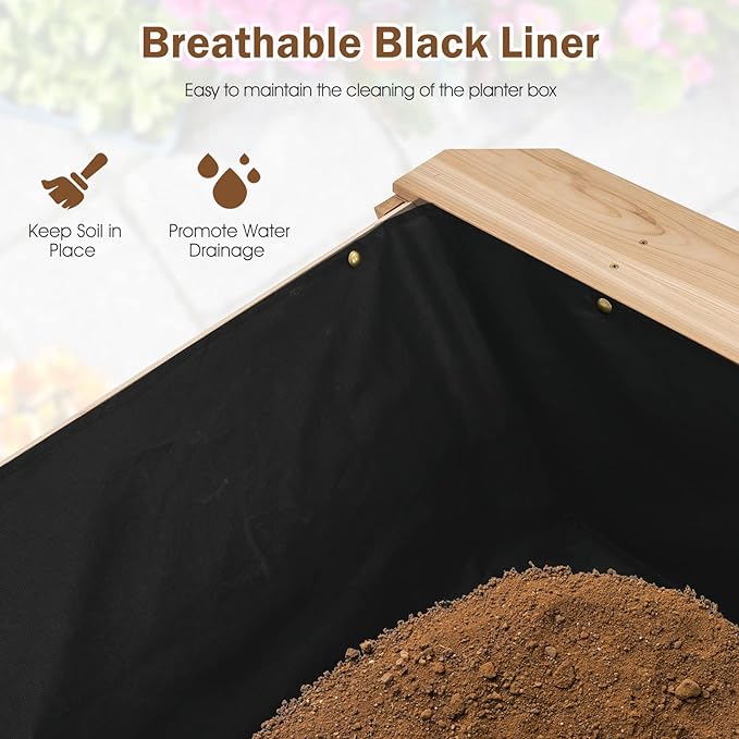 Giantex Raised Garden Bed Wood Planter Raised Bed with Storage Shelf Outdoor Plant Box Black Liner Drainage Hole Elevated Freestanding Garden Box for Patio Backyard Balcony 59x31x32.5