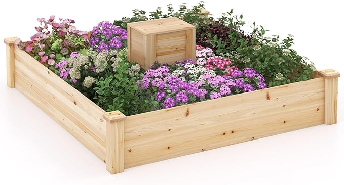 Wood Raised Garden Bed - 49 x 49 x 10 Elevated Garden Bed with Compost Bin for Outdoor Gardening and Planting Bottomless Planter Box for Deep-Rooted Vegetables Herbs Flowers and Fruits