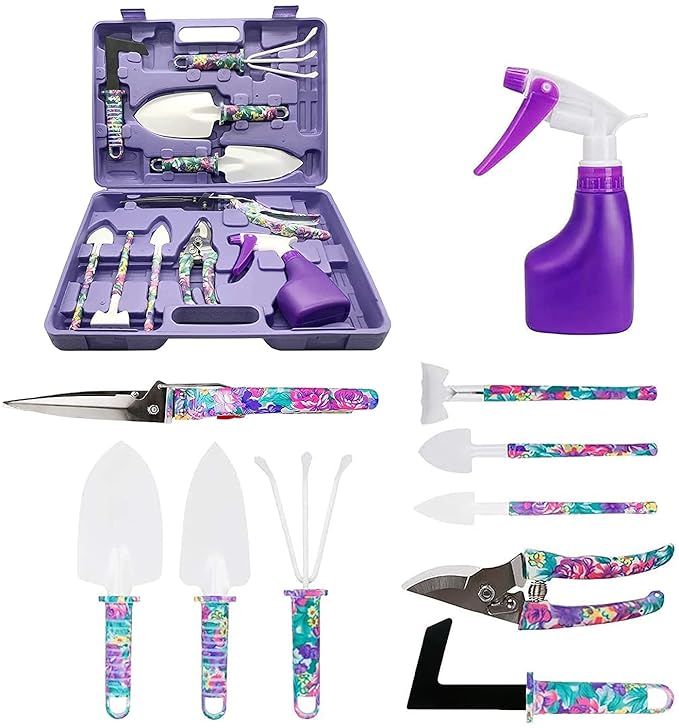 Garden Tool Set 11 Pcs Gardening Tools Purple Floral Print. Best Gift for Women: Handle Trowel Rake Pruning Shear Sprayer Shovel and Gloves That Includes a Pruning Shears Carrying Case