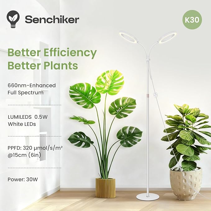 Large Plant Lights for Indoor Growing 24V 660nm-Enhanced Full Spectrum LUMILEDS LED Grow Light 2×6.3in Grow lamp with Timer &amp Dimming Adjustable Height 22-70in 30W 320μmol/s/m²@6in K30-W
