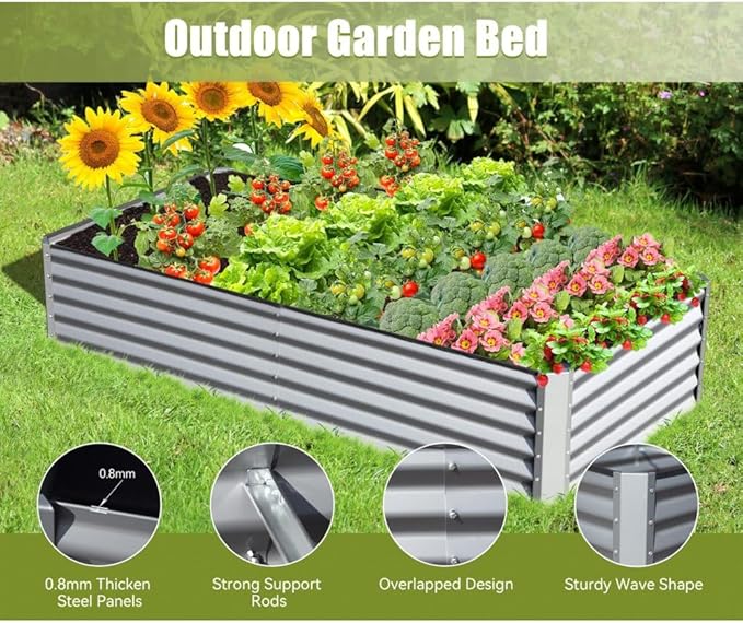 Heavy-Duty Galvanized Steel Raised Garden Bed for Outdoor Vegetable Fruit and Flower Planting – Rust-Resistant Metal Planter Box (8x4x1.5ft (Silver))