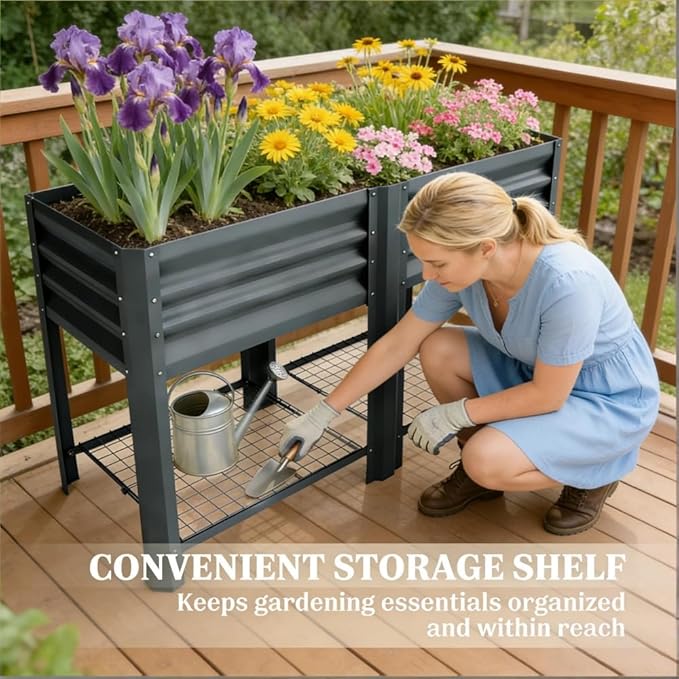 Raised Garden Bed39.6 Gal CapacityPowder-Coated Galvanized Steel Supporting Up to 396 lbsIncludes a Bottom Shelf6 Legsfor Backyard Patio Balcony