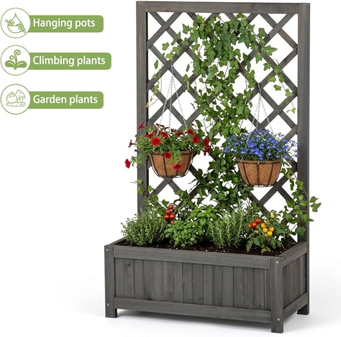 Wooden Raised Garden Bed with Trellis 40 Outdoor Planter Box for Climbing Plants Vertical Modern Gray Garden Planter for Vegetables Flowers &amp Vines Lattice Plant Support for Patio Yard Balcon