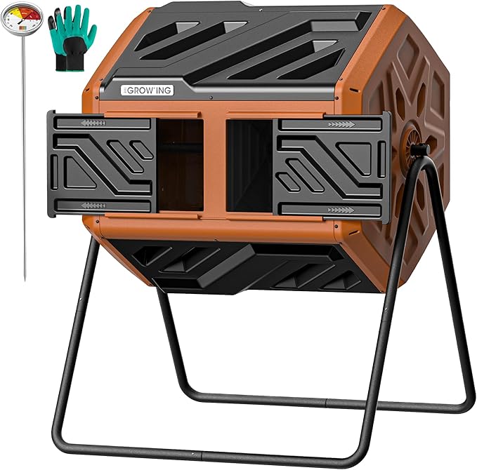 THEGROW'ING Updated 43 Gallon Outdoor Compost Bin. with Thermometer Fast to Assemble. Tumbling Design Dual Chambers. Rotating Function Ideal for Outside Backyard Garden Yard. Orange.