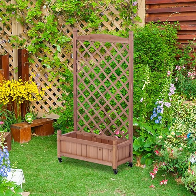2 Pack Raised Garden Bed Wood Planter Box Standing Natural Wood Raised Garden Bed with Stable Rectangle Structure Standing Planter and Drainage Holes for Climbing Plants Vegetables Flowers