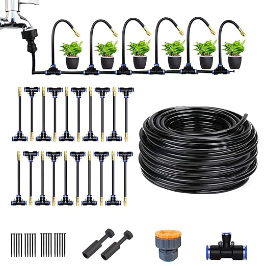 Garden Watering System Greenhouse Mist Drip Irrigation Kit 65Ft Hanging Plant Watering System with 20 Three-Way Atomizing Nozzle and 12mm Irrigation Tubing Hose Gold