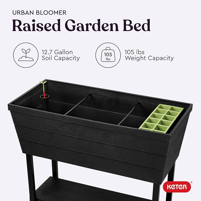 Keter Urban Bloomer 12.7‑Gallon Raised Garden Bed – Elevated Outdoor Planter Box with Self‑Watering Reservoir Water Gauge &amp Drainage System Perfect for Herbs &amp Vegetables Dark Grey