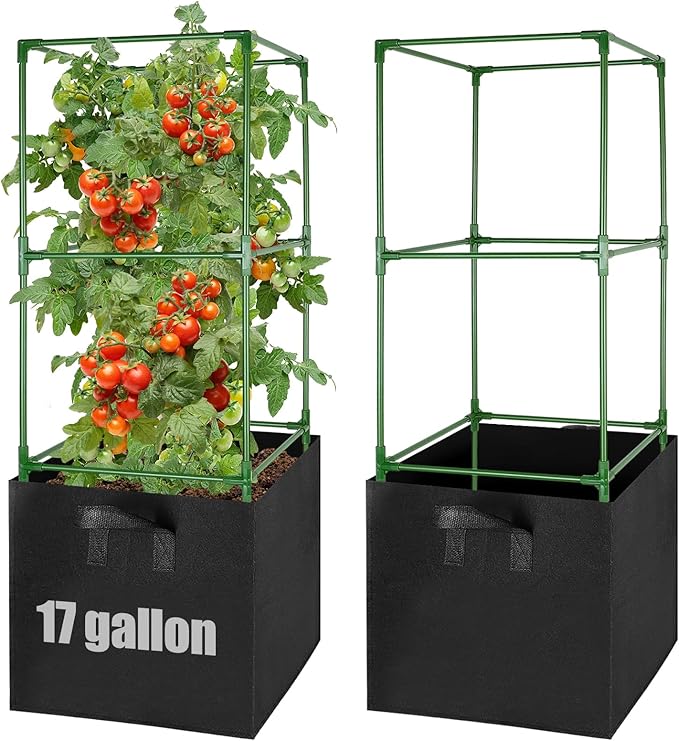 ANPHSIN Tomato Cages with 17 Gallon Grow Bags - 46'' Heavy-Duty Plant Support Cage Kit Garden Pots with Square Plant Trellis for Flowers Vegetables Cucumber Vertical Climbing Vines 2 Sets