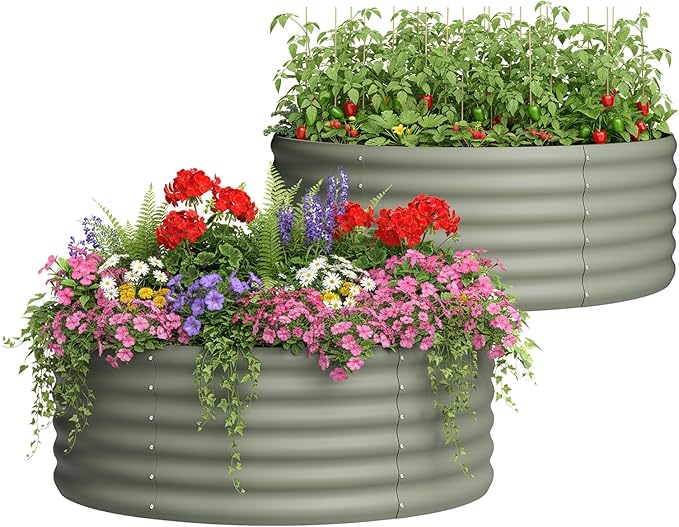 DDK Galvanized Raised Garden Bed Round Outdoor Planter Bed 4x4x1.5ft Metal Planter Box for Gardening and Planting2PackLG