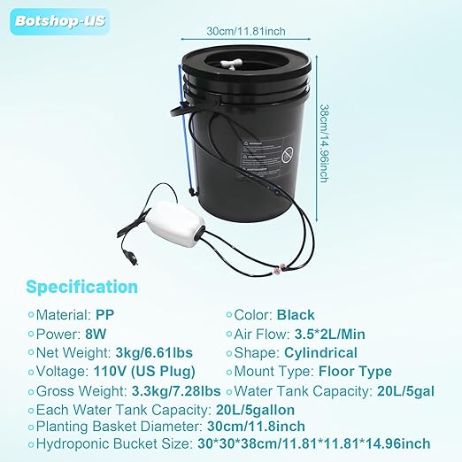 Hydroponics Growing System Kit 5-Gallon Deep Water Culture Recirculating Drip Grow System Indoor Garden Grow System with Hose Air Pump and Air Stone (1 Bucket + Drip Irrigation)