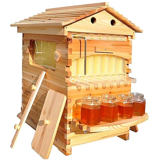 Continuous Flow Honeycomb Kit with Observation Window and Honey Extraction Port Integrated Honey Collection System Beehive-Style Box with 7 Honeycomb Cells Suitable for Beginners and Experts