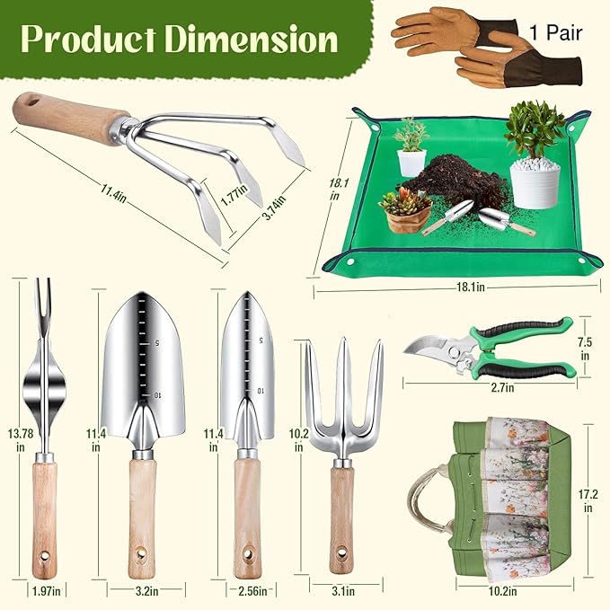 Garden Tools 9-Piece Heavy Duty Gardening Hand Tools with Floral Organizer Tote Bag Rust-Proof Garden Tool Set Thickened Repotting Mat Gardening Gifts for Women Mom Green