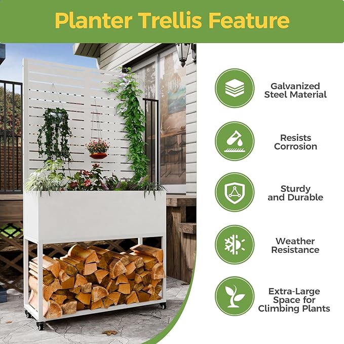 Raised Garden Bed with Trellis Metal Raised Planter Box with Trellis Privacy Planters for Patio Raised Garden Beds Outdoor Standing with Drainage Holes Wheels White