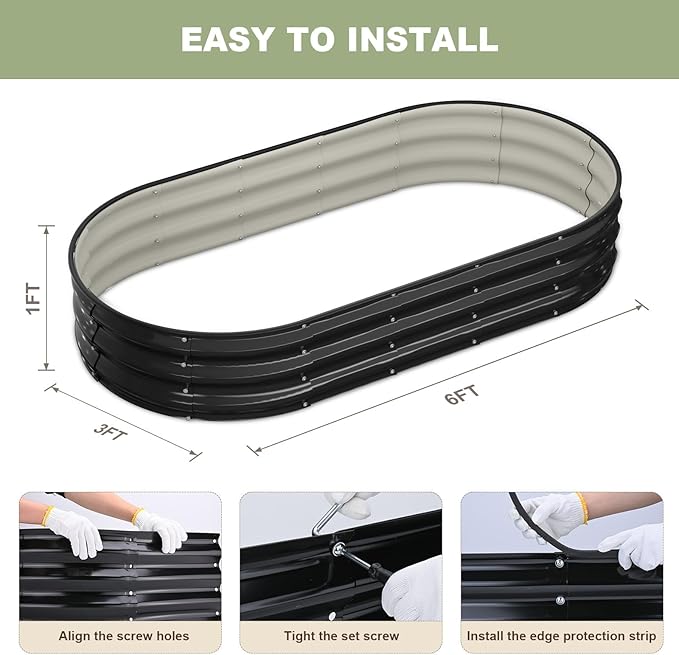 Raised Garden Bed 6x3x1ft Galvanized Outdoor Planter Beds with Safety Edging and Gloves Oval Metal Planter Box for Gardening Vegetables Flowers Herb-Black