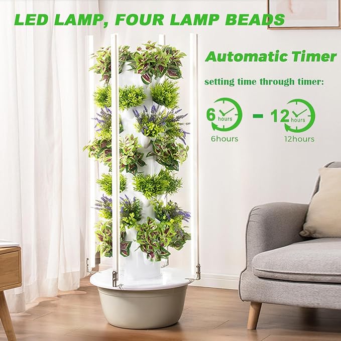 Hydroponics Growing Tower - Indoor Smart Garden with LED Light &amp Automatic Water Circulation for Leafy Greens and Herbs - Home Gardening Solution