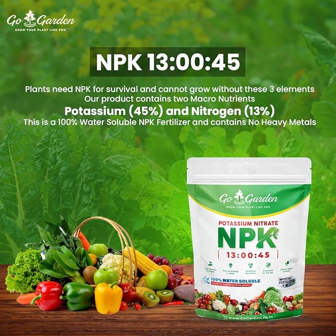 Go Garden Potassium Nitrate KNO3 NPK 13-0-45 Fertilizer | 100% Water Soluble Crystalline Powder | Multi-Purpose for Indoor &amp Outdoor Plants | Enhances Growth &amp Resistance | 900 G