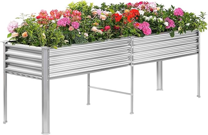 Land Guard Galvanized Raised Garden Bed with Legs 96×24×32in Raised Garden Beds Outdoor with Drainage Holes Planter Boxes Outdoor for Backyard Patio Balcony 1200lb Capacity Silver