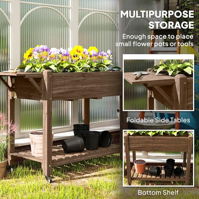 Sturdy Wooden Raised Garden Bed with Lockable Casters Built-in Side Shelves and Drainage System for Easy Urban Gardening (Black+Brown + Wood)