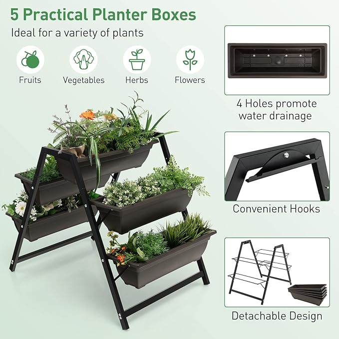 Giantex Set of 2 Vertical Raised Garden Bed 5 Planter Boxes Container w/Drainage Holes 31 H Freestanding Heavy-Duty Metal Frame Indoor Outdoor Raised Bed for Vegetables Herbs Flowers to Grow