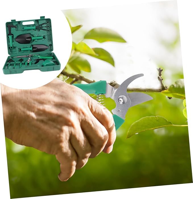 HEMOTON Garden Tool Set 10-Piece Kit with Case Hand Rake Shovel Hoe Weeder Pruning Shears Sprayer for All Ages