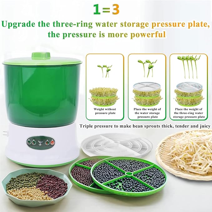 Home Smart Bean Sprout Machine Fully Automatic Seed Sprouting Kit Automatic Soaking Beans and 360° Rotating Spraying Design Large-Capacity Sprouting Seedling Machines for Homemade Bean Sprouts
