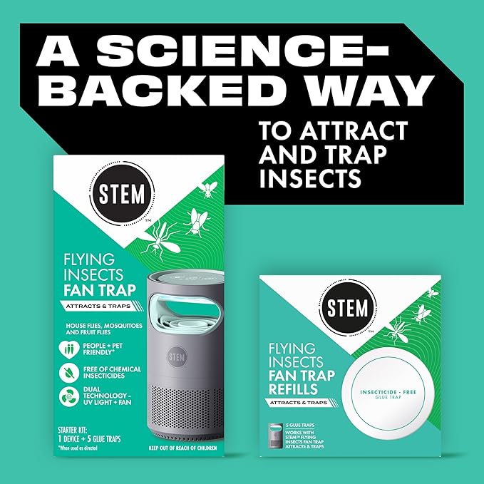 STEM Flying Insect Fan Trap for Indoor Bug Control Attracts Mosquitoes Fruit Flies and House Flies Plug-in Fan with UV Light Starter Kit Includes 1 Device and 5 Glue Traps