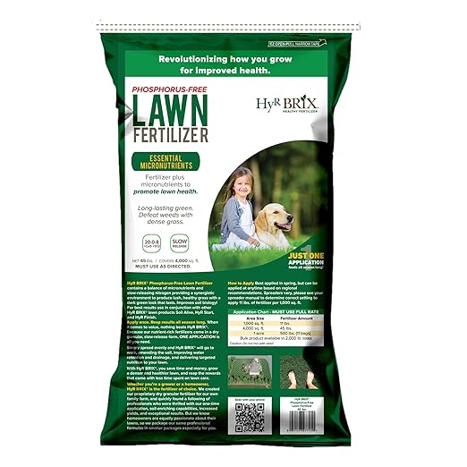 HyR BRIX Slow-Release 20-0-8 Phosphorus-Free Lawn Fertilizer 45lb Bag - Lawn Food with Calcium &amp Sulfur - Essential Micronutrients for Dense Healthy Grass - Covers 4000 Sq Ft