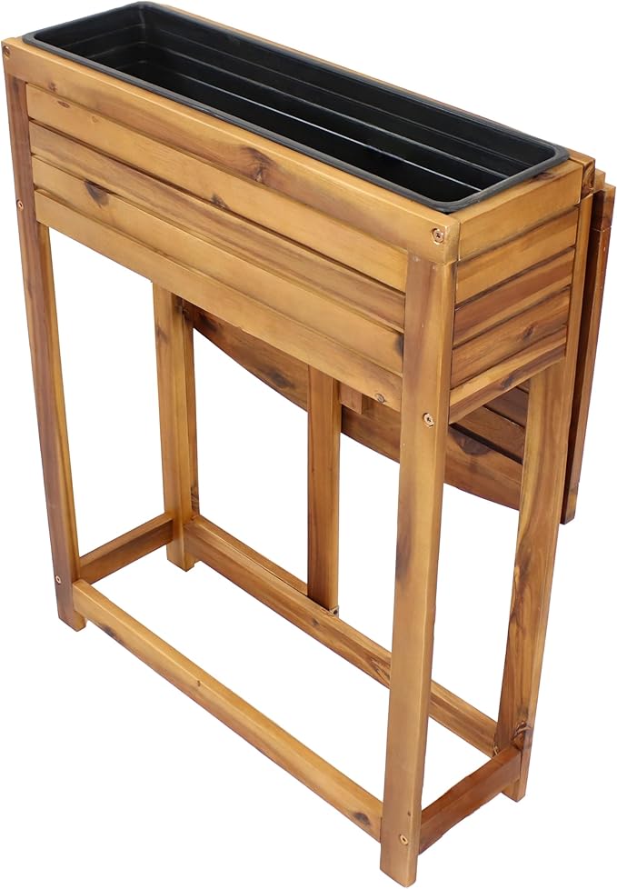 Sunnydaze Acacia Wood Raised Garden Bed with Shelf - Space-Saving Folding Tabletop with 40 lb Capacity - Natural